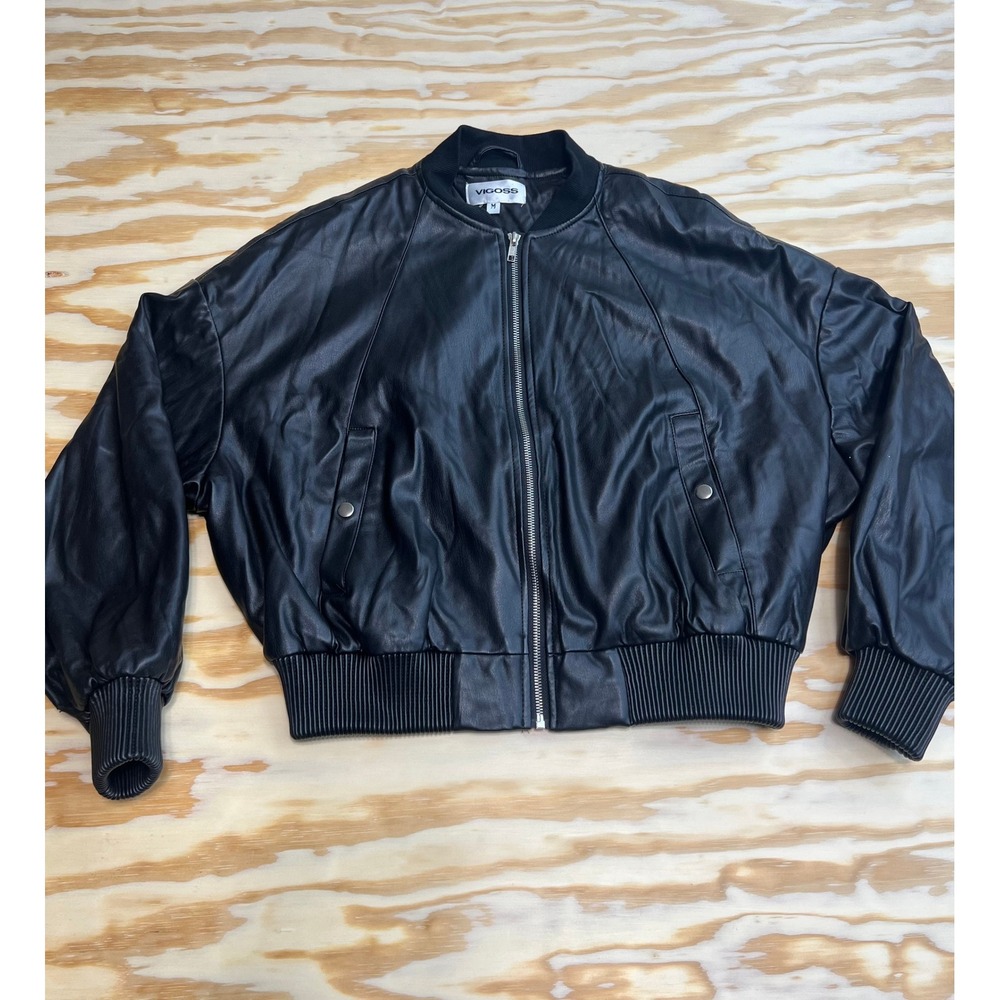 Vigoss Womens Black Faux Leather Bomber Jacket Full Zip Ribbed Trim Size M